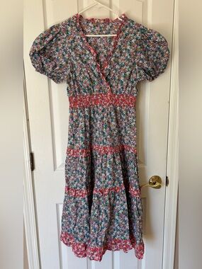 Cottagecore Floral Ruffled Cotton Midi Dress ~ Women’s Large